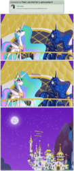Size: 1248x2865 | Tagged: safe, artist:grievousfan, fluttershy, princess celestia, princess luna, g4, balcony, comic, floppy ears, frown, gritted teeth, meme, moon, night, shocked, sky, special eyes, the stare, wide eyes