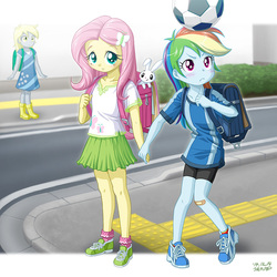 Size: 800x800 | Tagged: safe, artist:uotapo, angel bunny, derpy hooves, fluttershy, rainbow dash, equestria girls, :<, backpack, bandaid, barrette, blushing, boots, clothes, cute, cutie mark accessory, cutie mark hair accessory, cutie mark on clothes, dashabetes, day, derpabetes, digital art, dress, female, football, frown, holding hands, looking up, outdoors, patch, randoseru, road, schoolgirl, shirt, shoes, shorts, shy, shyabetes, skirt, smiling, sneakers, socks, uotapo is trying to murder us, younger