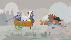 Size: 1280x720 | Tagged: safe, artist:catsby, oc, oc only, oc:calamity, oc:littlepip, oc:velvet remedy, pegasus, pony, unicorn, fallout equestria, alternate design, bag, battle saddle, bullet hole, cart, clothes, dashite, fanfic, fanfic art, female, fluttershy medical saddlebag, flying, glowing horn, gritted teeth, gun, hat, hooves, horn, jumpsuit, levitation, magic, male, mare, medical saddlebag, optical sight, pipbuck, rifle, ruins, saddle bag, scope, show accurate, sniper rifle, stallion, teeth, telekinesis, vault suit, wasteland, weapon, wings