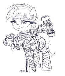 Size: 1920x2252 | Tagged: safe, artist:jetwave, oc, oc only, oc:alloy shaper, pony, unicorn, fallout equestria, fallout equestria: wasteland economics, armor, monochrome, palindrome get, solo