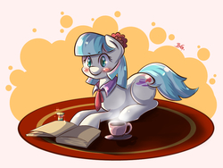 Size: 1024x768 | Tagged: safe, artist:tikrs007, coco pommel, earth pony, pony, g4, book, cup, drink, female, hot chocolate, rainbow thread, reading, solo