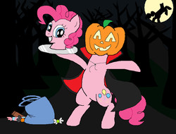 Size: 842x639 | Tagged: safe, artist:bluelioness123, pinkie pie, earth pony, headless horse, pony, g4, bipedal, candy, detachable head, disembodied head, halloween, headless, jack-o-lantern, modular, moon, pumpkin