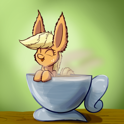 Size: 900x900 | Tagged: safe, artist:heir-of-rick, applejack, pony, daily apple pony, g4, :p, appletini, cup, cup of pony, cute, ear fluff, eyes closed, female, fluffy, hatless, hot chocolate, impossibly large ears, micro, missing accessory, smiling, solo, tongue out