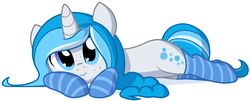 Size: 3397x1378 | Tagged: safe, artist:furrgroup, oc, oc only, oc:bubble lee, pony, unicorn, clothes, cute, lying down, prone, simple background, socks, solo, sploot, striped socks, white background