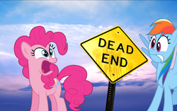 Size: 1434x900 | Tagged: safe, pinkie pie, rainbow dash, g4, dead end, sign