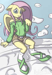 Size: 696x1000 | Tagged: safe, artist:countaile, fluttershy, anthro, g4, bedroom eyes, clothes, female, flattershy, shorts, shoulderless, sitting, socks, solo, sweater, sweatershy