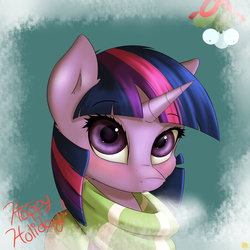 Size: 2400x2400 | Tagged: safe, artist:captainpudgemuffin, twilight sparkle, pony, unicorn, g4, blushing, christmas, clothes, female, high res, looking at you, mare, mistletoe, scarf, solo