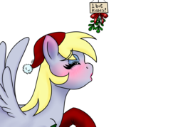 Size: 5600x4000 | Tagged: safe, artist:outofworkderpy, derpy hooves, pegasus, pony, g4, blushing, clothes, cute, derpabetes, eyes closed, eyeshadow, female, hat, hearth's warming eve, holly, holly mistaken for mistletoe, kissing, kissing meme, lipstick, mare, mistletoe, open mouth, out of work derpy, outofworkderpy, raised hoof, santa hat, sign, simple background, socks, solo, spread wings, stockings, transparent background
