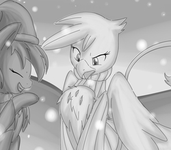 Size: 1600x1400 | Tagged: safe, artist:vulapa, gilda, rainbow dash, griffon, g4, chest fluff, clothes, keyhole turtleneck, monochrome, open-chest sweater, sweater, turtleneck