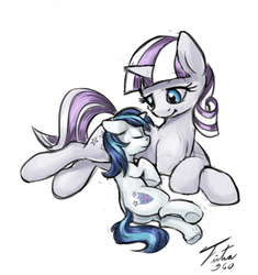 Size: 547x582 | Tagged: safe, artist:tsitra360, shining armor, twilight velvet, pony, unicorn, g4, butt, colt, colt shining armor, eyes closed, female, male, mare, mother and son, plot, shieldbutt, simple background, sleeping, smiling, white background, younger