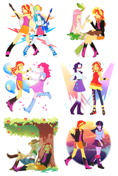 Size: 3100x4600 | Tagged: dead source, safe, artist:magneticskye, applejack, fluttershy, pinkie pie, rainbow dash, rarity, sunset shimmer, twilight sparkle, winona, bird, equestria girls, g4, my little pony equestria girls: rainbow rocks, guitar, mane six, twilight sparkle (alicorn)