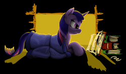 Size: 1572x928 | Tagged: safe, artist:da-exile, twilight sparkle, pony, g4, atg 2014, blanket, book, female, fireplace, frown, indoors, lidded eyes, mare, newbie artist training grounds, prone, solo