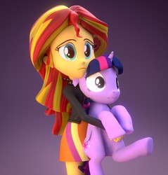 Size: 671x702 | Tagged: safe, artist:creatorofpony, sunset shimmer, twilight sparkle, alicorn, pony, equestria girls, g4, 3d, blender, holding a pony, sad, scared, twilight sparkle (alicorn)