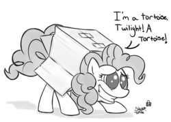Size: 1133x812 | Tagged: safe, artist:discrete turtle, pinkie pie, earth pony, pony, g4, cardboard box, dilated pupils, english, grayscale, grin, lineart, monochrome, nervous, nervous smile, silly, silly pony, simple background, smiling, white background