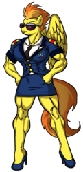 Size: 1024x2121 | Tagged: safe, artist:ritualist, spitfire, anthro, plantigrade anthro, g4, belt, belt buckle, button-up shirt, clothes, female, fetish, fitfire, hand on hip, high heels, lapel, lips, miniskirt, muscle fetish, muscles, my muscle pony, necktie, simple background, skirt, solo, sunglasses, tight clothing, transparent background, uniform, wonderbolts dress uniform, wonderbolts uniform