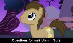 Size: 1510x900 | Tagged: safe, doctor whooves, time turner, earth pony, pony, comic:celestia's servant interview, g4, caption, cs captions, interview, male, solo, stallion