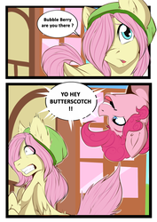 Size: 500x707 | Tagged: dead source, safe, artist:rainbowscreen, fluttershy, pinkie pie, ask the gaylord, g4, bubble berry, butterscotch, comic, rule 63