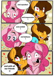 Size: 1280x1810 | Tagged: dead source, safe, artist:rainbowscreen, cheese sandwich, pinkie pie, ask the gaylord, armpits, balloon, bubble berry, cheesepie, chest fluff, comic, female, grilled cheese (r63), grilledberry, heart, heart eyes, male, rule 63, shipping, starry eyes, straight, wingding eyes
