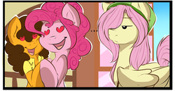 Size: 1280x672 | Tagged: dead source, safe, artist:rainbowscreen, cheese sandwich, fluttershy, pinkie pie, ask the gaylord, bubble berry, butterscotch, cheesepie, female, grilled cheese (r63), grilledberry, heart eyes, male, rule 63, shipping, straight, wingding eyes