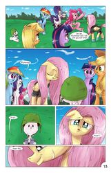 Size: 1393x2167 | Tagged: safe, artist:saturdaymorningproj, angel bunny, applejack, fluttershy, gummy, opalescence, pinkie pie, rainbow dash, rarity, twilight sparkle, earth pony, pegasus, pony, unicorn, comic:angelic flutterboom, g4, clothes, comic, dangerous mission outfit, eyes closed, female, helmet, hoodie, mane six, mare