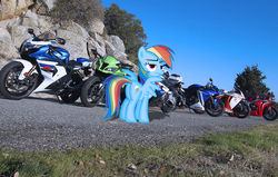 Size: 1280x816 | Tagged: safe, artist:sierraex, artist:thepwnyisaspy, rainbow dash, g4, butt, irl, motorcycle, path, photo, plot, ponies in real life, solo, unimpressed, vector, yamaha