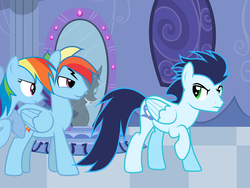 Size: 1024x768 | Tagged: safe, artist:rulette, rainbow dash, soarin', changeling, g4, female, jealous, magic mirror, male, mirror, rainbow blitz, rule 63, ship:soarindash, shipping, straight