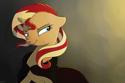 Size: 900x600 | Tagged: safe, artist:kodabomb, sunset shimmer, pony, unicorn, g4, cloak, clothes, female, smirk, solo