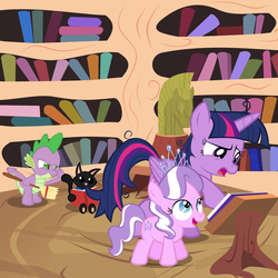 Size: 1950x1950 | Tagged: safe, artist:magerblutooth, diamond tiara, spike, twilight sparkle, oc, oc:dazzle, alicorn, cat, pony, g4, female, mare, twilight sparkle (alicorn)