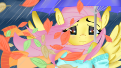 Size: 1024x576 | Tagged: safe, artist:saddnesspony, fluttershy, pegasus, pony, g4, autumn, bipedal, clothes, leaf, rain, scarf, spread wings, umbrella, windswept mane, wings