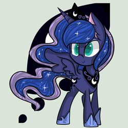 Size: 2449x2449 | Tagged: safe, artist:crystalthetimelady, princess luna, alicorn, pony, g4, chibi, cutie mark background, female, high res, mare, smiling, solo, spread wings