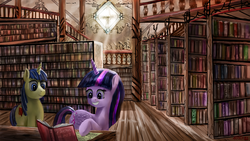 Size: 1920x1080 | Tagged: safe, artist:anttosik, twilight sparkle, oc, alicorn, pony, g4, book, female, library, mare, smiling, twilight sparkle (alicorn)