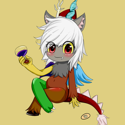 Size: 1280x1280 | Tagged: safe, artist:sticky-plaster, discord, g4, eris, hat, rule 63, santa hat, solo, wine glass