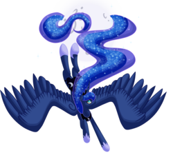 Size: 1600x1440 | Tagged: safe, artist:glitteronin, princess luna, g4, female, flying, from above, moon, solo, spread wings, tangible heavenly object