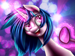 Size: 2000x1500 | Tagged: safe, artist:glitteronin, dj pon-3, vinyl scratch, g4, female, glowing, magic, solo, telekinesis