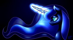 Size: 1600x886 | Tagged: safe, artist:glitteronin, princess luna, g4, female, glowing horn, horn, solo