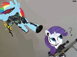 Size: 1280x949 | Tagged: safe, rainbow dash, rarity, g4, armor, atlas corporation, call of duty, call of duty: advanced warfare, clothes, flying kick, gun, headset, jack mitchell, military, mp 11, na-45, paper, powered exoskeleton, question mark