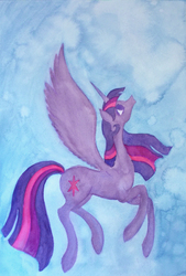 Size: 659x975 | Tagged: safe, artist:enuwey, twilight sparkle, alicorn, pony, g4, female, flying, looking up, mare, older, solo, traditional art, twilight sparkle (alicorn), watercolor painting