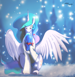 Size: 4410x4485 | Tagged: safe, artist:sakuracheetah, princess celestia, princess luna, alicorn, pony, g4, absurd resolution, blushing, clothes, cute, female, filly, keyhole turtleneck, lunabetes, open-chest sweater, royal sisters, scarf, sibling love, siblings, sisterly love, sisters, snow, snowfall, spread wings, sweater, turtleneck, weapons-grade cute, winter, woona