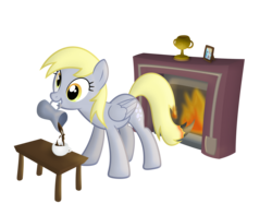 Size: 5458x4053 | Tagged: safe, artist:frogem, derpy hooves, pegasus, pony, g4, absurd resolution, female, fire, fireplace, hot chocolate, mare, mouth hold, newbie artist training grounds, solo, this will end in tears