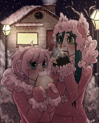 Size: 1200x1500 | Tagged: safe, artist:nyako-shoyu, queen chrysalis, oc, oc:fluffle puff, human, g4, blushing, clothes, cold, duo, earmuffs, eating, female, gloves, hat, hoodie, humanized, jacket, mittens, night, snow, snowfall, street lamp, taco