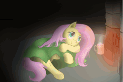 Size: 1536x1023 | Tagged: safe, artist:drjhordan, fluttershy, g4, animated, blanket, female, fireplace, hot chocolate, newbie artist training grounds, relaxing, solo