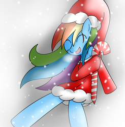 Size: 1248x1268 | Tagged: safe, artist:mytatsur, rainbow dash, g4, candy cane, christmas, cold, happy, happy holidays, outfit, scar, snow, snowfall, stitches