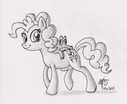 Size: 1167x950 | Tagged: safe, artist:project-occasus, gummy, pinkie pie, g4, monochrome, traditional art