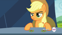Size: 640x360 | Tagged: safe, edit, screencap, applejack, rarity, pony, g4, trade ya!, all new, animated, bad end, brooch, credit joke, credits, female, hub logo, i can't believe it's not superedit, oops, running away, scene parody, scrunchy face, silly, silly pony, who's a silly pony