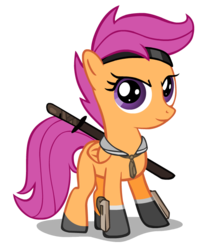 Size: 600x720 | Tagged: safe, artist:alevgor, scootaloo, g4, clothes, female, headband, hoof blades, scarf, solo, sword, weapon