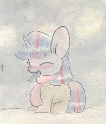 Size: 675x788 | Tagged: safe, artist:slightlyshade, twilight sparkle, g4, blushing, clothes, cute, eyes closed, female, fluffy, open mouth, scarf, smiling, snow, snowfall, solo, traditional art