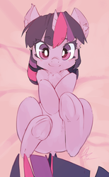 Size: 1324x2143 | Tagged: safe, artist:chingilin, twilight sparkle, pony, unicorn, bed, belly fluff, blushing, cheek fluff, chest fluff, cute, daaaaaaaaaaaw, dock, ear fluff, eyebrows, eyebrows visible through hair, featureless crotch, female, fluffy, hnnng, leg fluff, legs in air, looking at you, lying down, mare, on back, perspective, shoulder fluff, signature, smiling, solo, twiabetes, underhoof, unicorn twilight, weapons-grade cute