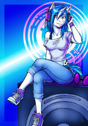 Size: 800x1141 | Tagged: safe, artist:nocturnalmoth, dj pon-3, vinyl scratch, anthro, g4, clothes, converse, crossed legs, female, goggles, headphones, jeans, shoulderless, sitting, sneakers, solo, speaker