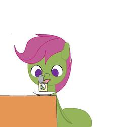 Size: 1006x1010 | Tagged: safe, scootaloo, pegasus, pony, g4, 1000 hours in ms paint, beans, can, desk, front view, plate, simple background, tongue out