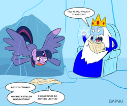 Size: 1000x836 | Tagged: safe, artist:empyu, twilight sparkle, alicorn, pony, g4, 30 minute art challenge, adventure time, critic, criticism, crossover, fanfic, female, frozen, ice, ice king, male, mare, signature, twilight loves fanfiction, twilight sparkle (alicorn)